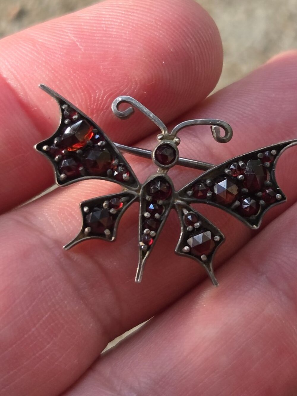 Antique Bohemian Garnet Butterfly Brooch, Silver, Victorian Pavé, c.1890-1920
